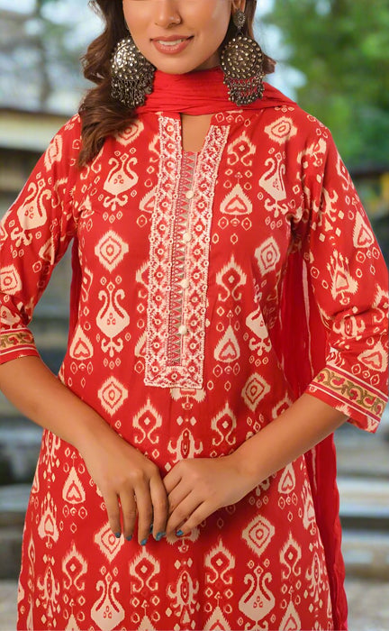 Red Motif Jaipur Cotton Kurti With Pant And Kota Dupatta Set  .Pure Versatile Cotton. | Laces and Frills - Laces and Frills