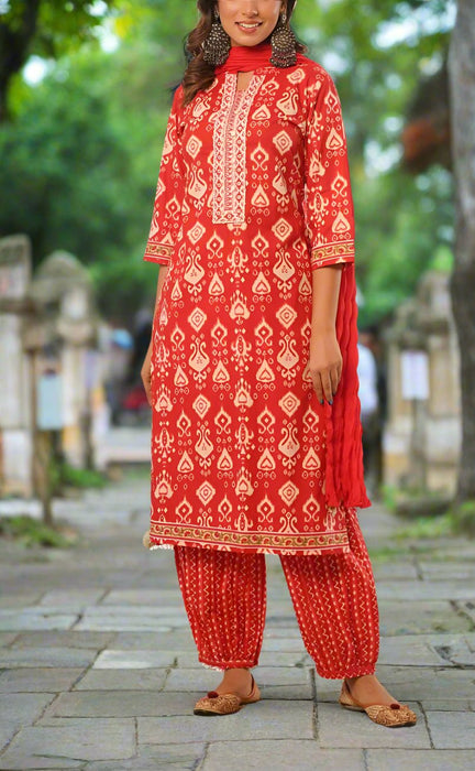 Red Motif Jaipur Cotton Kurti With Pant And Kota Dupatta Set  .Pure Versatile Cotton. | Laces and Frills - Laces and Frills