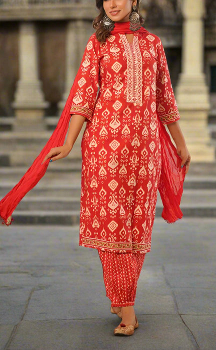 Red Motif Jaipur Cotton Kurti With Pant And Kota Dupatta Set  .Pure Versatile Cotton. | Laces and Frills - Laces and Frills