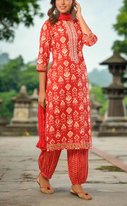 Red Motif Jaipur Cotton Kurti With Pant And Kota Dupatta Set  .Pure Versatile Cotton. | Laces and Frills - Laces and Frills