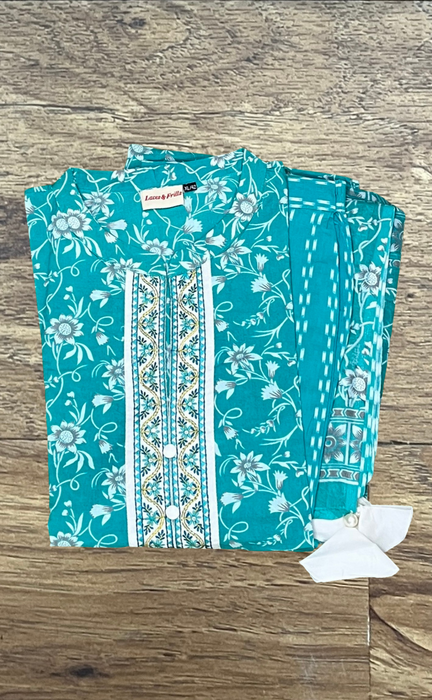 Turquoise Blue Garden Jaipur Cotton Kurti With Pathani Pant And Cotton Dupatta Set  .Pure Versatile Cotton. | Laces and Frills