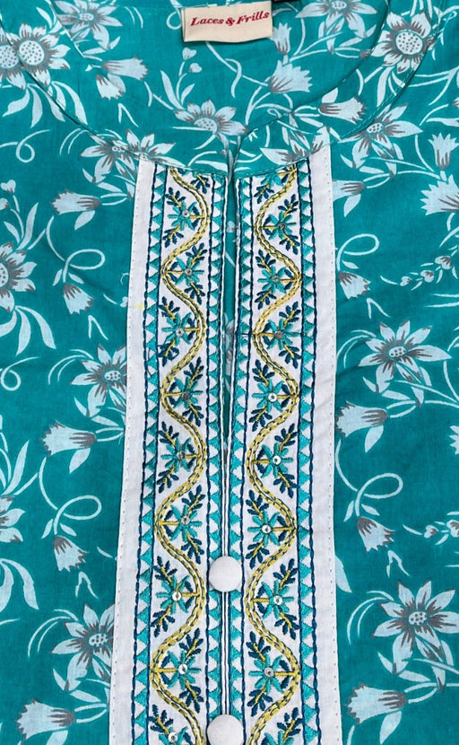 Turquoise Blue Garden Jaipur Cotton Kurti With Pathani Pant And Cotton Dupatta Set  .Pure Versatile Cotton. | Laces and Frills - Laces and Frills