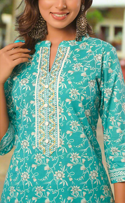 Turquoise Blue Garden Jaipur Cotton Kurti With Pathani Pant And Cotton Dupatta Set  .Pure Versatile Cotton. | Laces and Frills - Laces and Frills