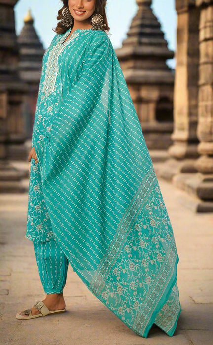 Turquoise Blue Garden Jaipur Cotton Kurti With Pathani Pant And Cotton Dupatta Set  .Pure Versatile Cotton. | Laces and Frills - Laces and Frills