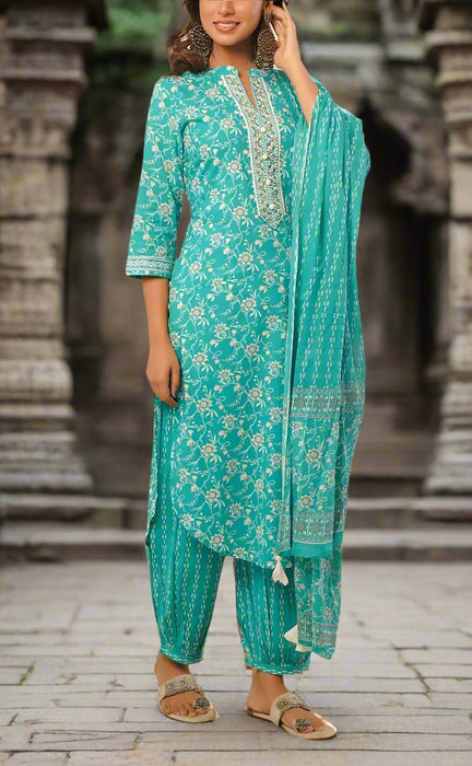 Turquoise Blue Garden Jaipur Cotton Kurti With Pathani Pant And Cotton Dupatta Set  .Pure Versatile Cotton. | Laces and Frills - Laces and Frills