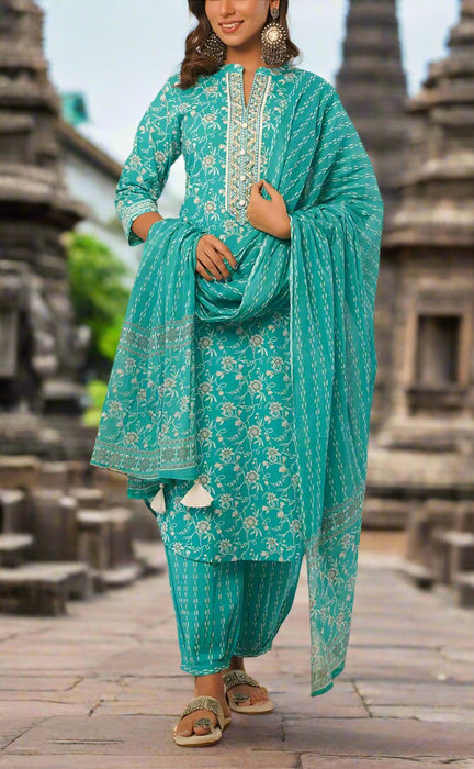 Turquoise Blue Garden Jaipur Cotton Kurti With Pathani Pant And Cotton Dupatta Set  .Pure Versatile Cotton. | Laces and Frills - Laces and Frills