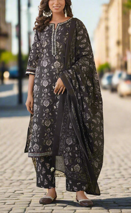 Black Jaipur Cotton Kurti With Pant And Dupatta Set  .Pure Versatile Cotton. | Laces and Frills - Laces and Frills