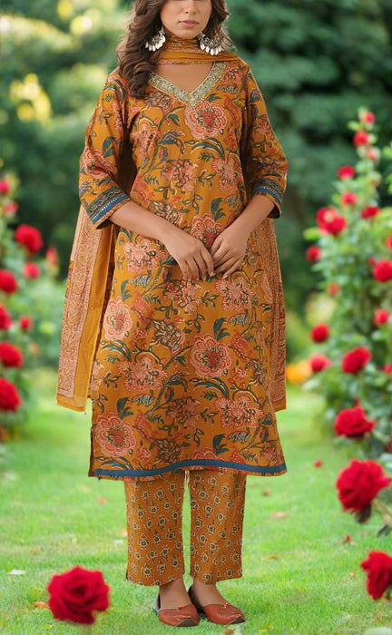 Mustard Jaipur Cotton Kurti With Pant And Dupatta Set  .Pure Versatile Cotton. | Laces and Frills - Laces and Frills