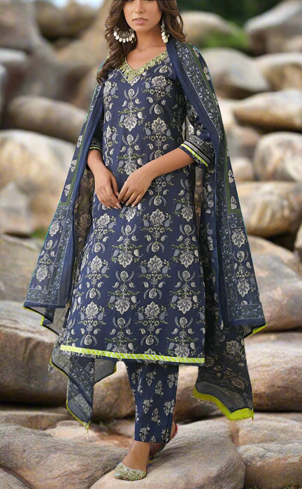 Navy Blue Jaipur Cotton Kurti With Pant And Dupatta Set  .Pure Versatile Cotton. | Laces and Frills - Laces and Frills