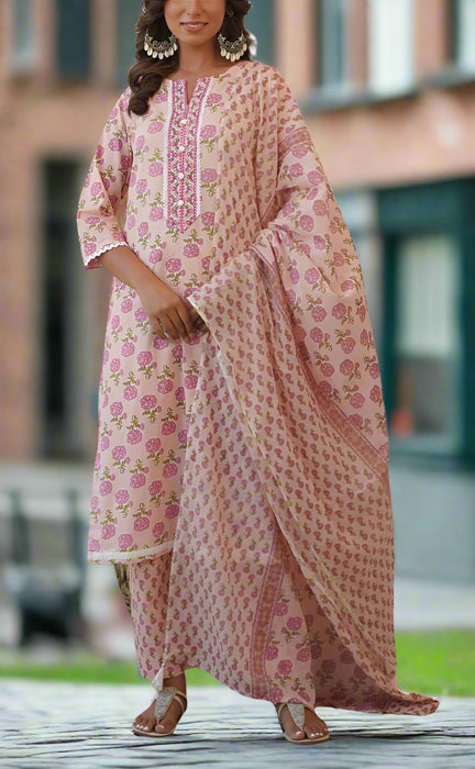 Peach/Pink Jaipur Cotton Kurti With Pant And Dupatta Set  .Pure Versatile Cotton. | Laces and Frills - Laces and Frills