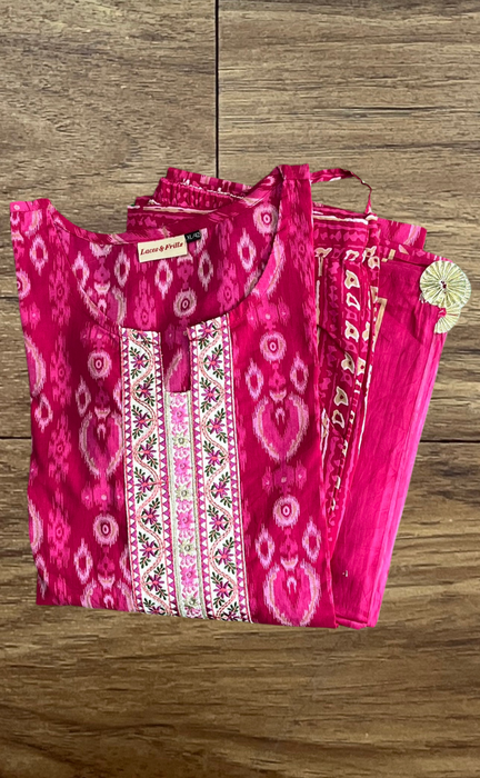 Hot Pink Abstract Jaipur Cotton Kurti With Pant And Dupatta Set  .Pure Versatile Cotton. | Laces and Frills