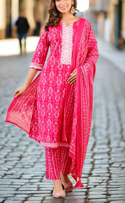 Hot Pink Abstract Jaipur Cotton Kurti With Pant And Dupatta Set  .Pure Versatile Cotton. | Laces and Frills - Laces and Frills