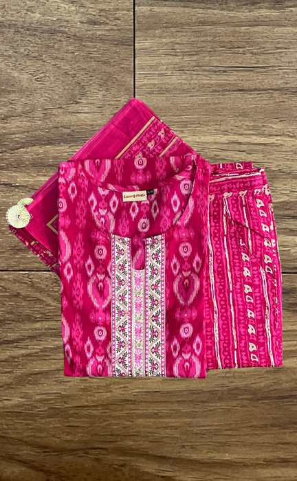 Hot Pink Abstract Jaipur Cotton Kurti With Pant And Dupatta Set  .Pure Versatile Cotton. | Laces and Frills