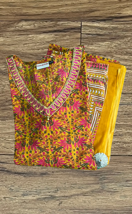 Yellow/Pink Garden Jaipur Cotton Kurti With Pant And Dupatta Set  .Pure Versatile Cotton. | Laces and Frills