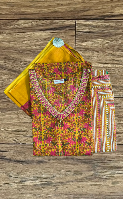 Yellow/Pink Garden Jaipur Cotton Kurti With Pant And Dupatta Set  .Pure Versatile Cotton. | Laces and Frills