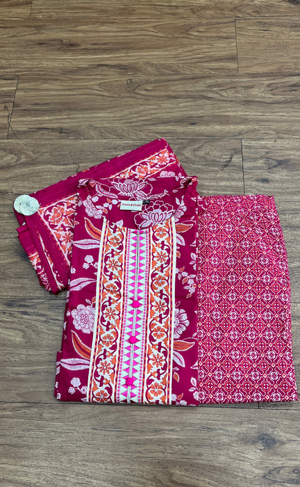 Rani Pink Flora Jaipur Cotton Kurti With Pant And Dupatta Set  .Pure Versatile Cotton. | Laces and Frills