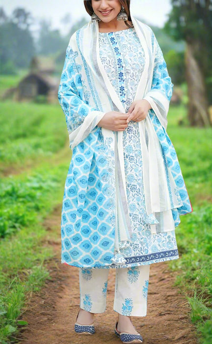 White/Blue Floral Jaipur Cotton Kurti With Pant And Dupatta Set  .Pure Versatile Cotton. | Laces and Frills - Laces and Frills