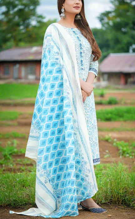 White/Blue Floral Jaipur Cotton Kurti With Pant And Dupatta Set  .Pure Versatile Cotton. | Laces and Frills - Laces and Frills