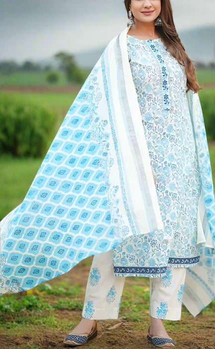 White/Blue Floral Jaipur Cotton Kurti With Pant And Dupatta Set  .Pure Versatile Cotton. | Laces and Frills - Laces and Frills