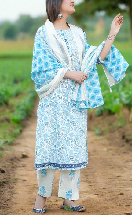 White/Blue Floral Jaipur Cotton Kurti With Pant And Dupatta Set  .Pure Versatile Cotton. | Laces and Frills - Laces and Frills