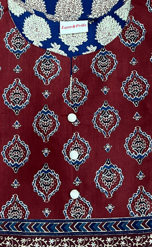 Navy Blue/Maroon Jaipur Cotton Kurti With Pant And Dupatta Set  .Pure Versatile Cotton. | Laces and Frills - Laces and Frills