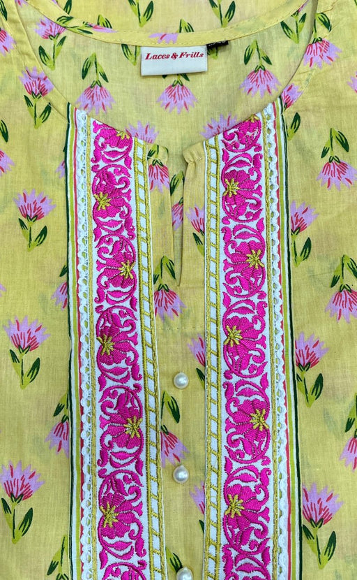 Yellow/Pink Floral Jaipur Cotton Kurti With Pant And Dupatta Set  .Pure Versatile Cotton. | Laces and Frills - Laces and Frills