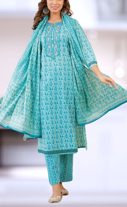 White/Sea Green Embroidery Cotton Kurti With Pant And Dupatta Set  .Pure Versatile Cotton. | Laces and Frills - Laces and Frills