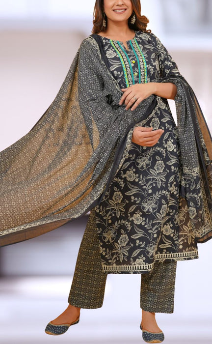 Black Floral Jaipur Cotton Kurti With Pant And Dupatta Set  .Pure Versatile Cotton. | Laces and Frills - Laces and Frills