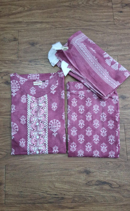 Lavender Mauve Motifs Jaipur Cotton Kurti With Pant And Dupatta Set  .Pure Versatile Cotton. | Laces and Frills - Laces and Frills