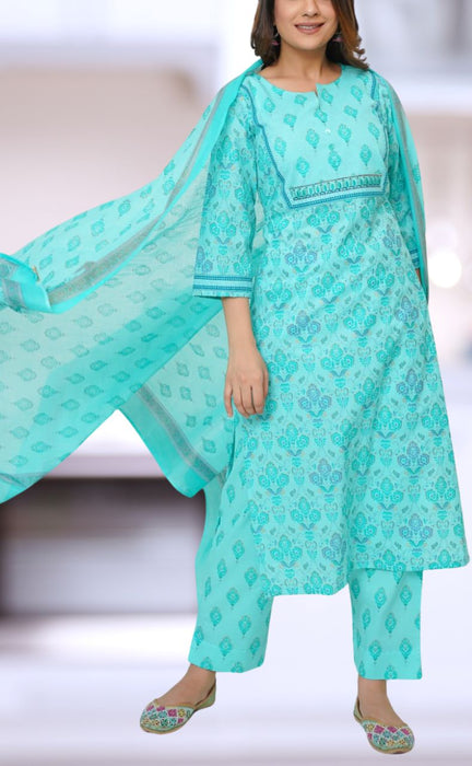 Sea Green Floral Motif Jaipur Cotton Kurti With Pant And Dupatta Set  .Pure Versatile Cotton. | Laces and Frills - Laces and Frills