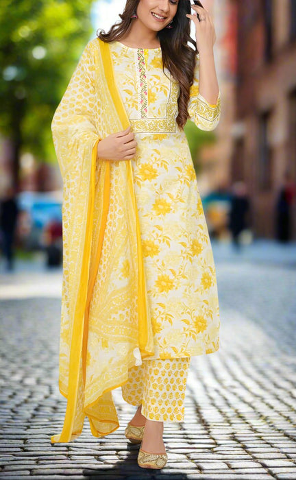 Yellow Floral Jaipur Cotton Kurti With Pant And Dupatta Set  .Pure Versatile Cotton. | Laces and Frills - Laces and Frills