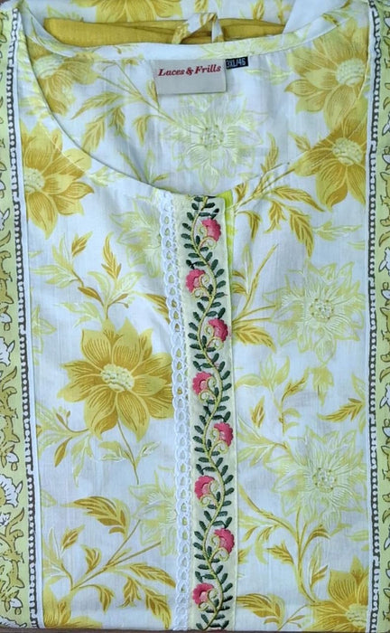 Yellow Floral Jaipur Cotton Kurti With Pant And Dupatta Set  .Pure Versatile Cotton. | Laces and Frills - Laces and Frills