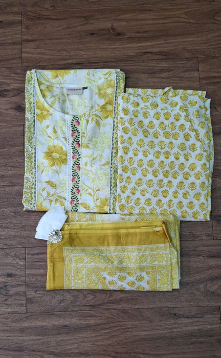 Yellow Floral Jaipur Cotton Kurti With Pant And Dupatta Set  .Pure Versatile Cotton. | Laces and Frills - Laces and Frills