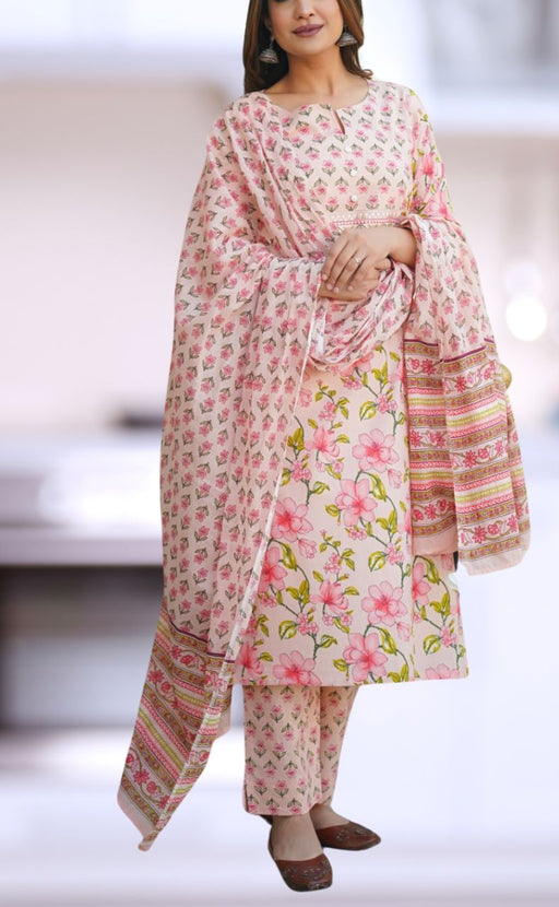 Light Pink Jaipur Cotton Kurti With Pant And Dupatta Set  .Pure Versatile Cotton. | Laces and Frills - Laces and Frills