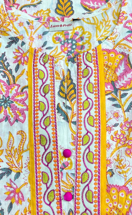 Yellow Floral Jaipur Cotton Kurti With Pant And Dupatta Set  .Pure Versatile Cotton. | Laces and Frills