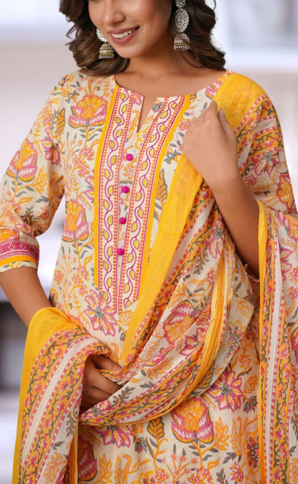 Yellow Floral Jaipur Cotton Kurti With Pant And Dupatta Set  .Pure Versatile Cotton. | Laces and Frills