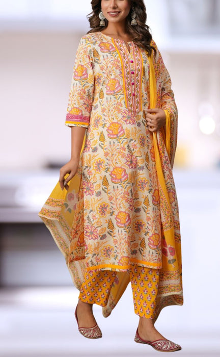 Yellow Floral Jaipur Cotton Kurti With Pant And Dupatta Set  .Pure Versatile Cotton. | Laces and Frills