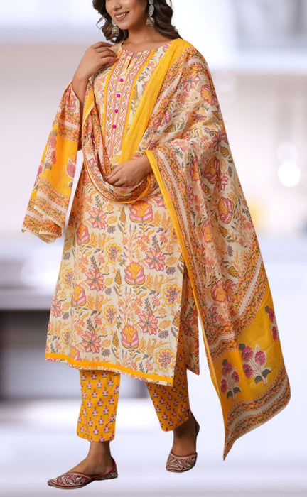 Yellow Floral Jaipur Cotton Kurti With Pant And Dupatta Set  .Pure Versatile Cotton. | Laces and Frills