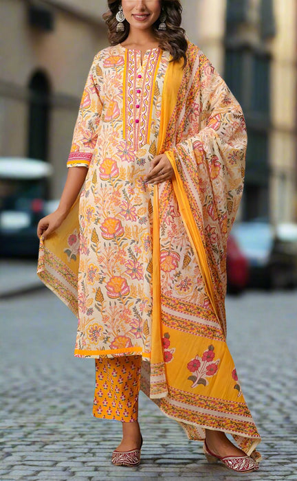 Yellow Floral Jaipur Cotton Kurti With Pant And Dupatta Set  .Pure Versatile Cotton. | Laces and Frills