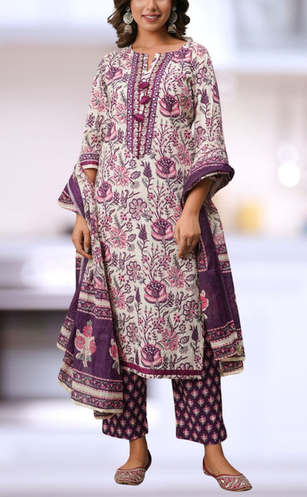 Off White/Violet Garden Jaipur Cotton Kurti With Pant And Dupatta Set.Pure Versatile Cotton. | Laces and Frills