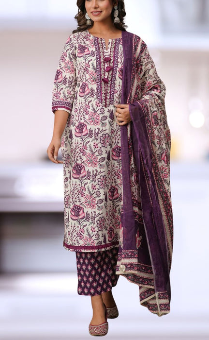 Off White/Violet Garden Jaipur Cotton Kurti With Pant And Dupatta Set.Pure Versatile Cotton. | Laces and Frills