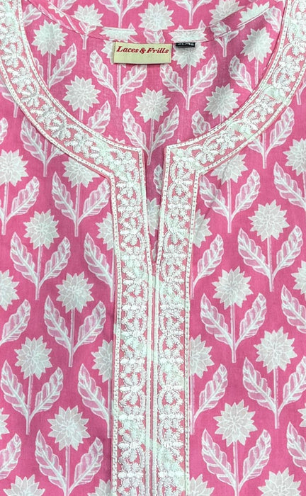 Pink/White Floral Jaipur Cotton Kurti With Pant And Dupatta Set.Pure Versatile Cotton. | Laces and Frills