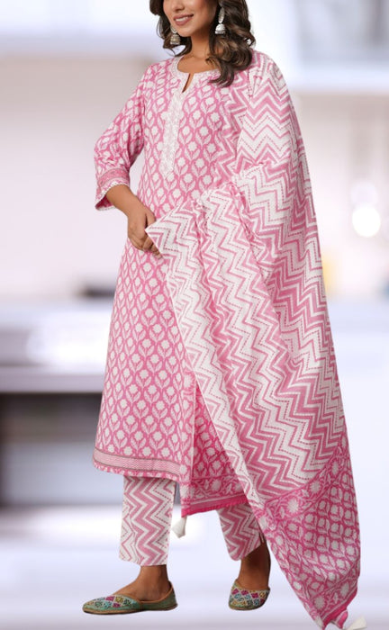 Pink/White Floral Jaipur Cotton Kurti With Pant And Dupatta Set.Pure Versatile Cotton. | Laces and Frills