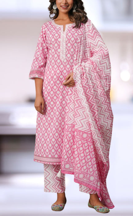 Pink/White Floral Jaipur Cotton Kurti With Pant And Dupatta Set.Pure Versatile Cotton. | Laces and Frills