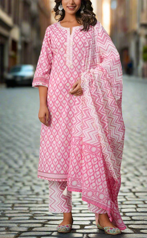 Pink/White Floral Jaipur Cotton Kurti With Pant And Dupatta Set.Pure Versatile Cotton. | Laces and Frills