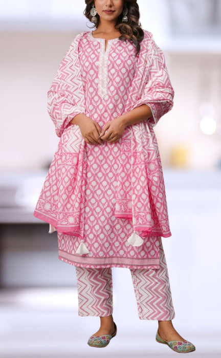 Pink/White Floral Jaipur Cotton Kurti With Pant And Dupatta Set.Pure Versatile Cotton. | Laces and Frills