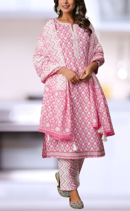 Pink/White Floral Jaipur Cotton Kurti With Pant And Dupatta Set.Pure Versatile Cotton. | Laces and Frills