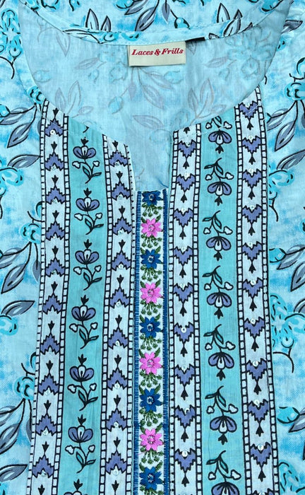 Sea Green/Grey Floral Cotton Kurti With Pant And Dupatta Set.Pure Versatile Cotton. | Laces and Frills