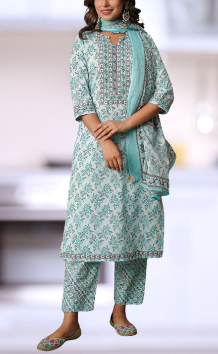 Sea Green/Grey Floral Cotton Kurti With Pant And Dupatta Set.Pure Versatile Cotton. | Laces and Frills