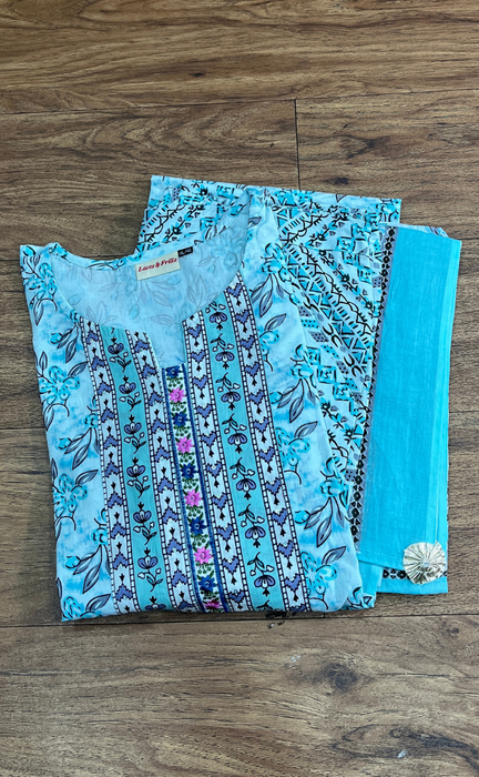 Sea Green/Grey Floral Cotton Kurti With Pant And Dupatta Set.Pure Versatile Cotton. | Laces and Frills